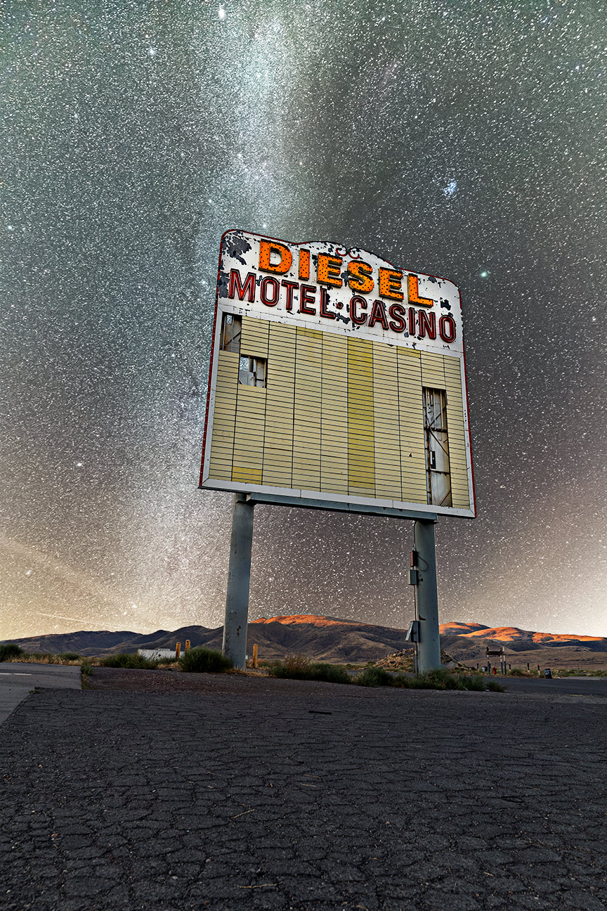 Photograph of Truck Inn located in Fernley, Nevada. Background shows astrophotography, stars, milky way, Reno, Lake Tahoe, desertPicture